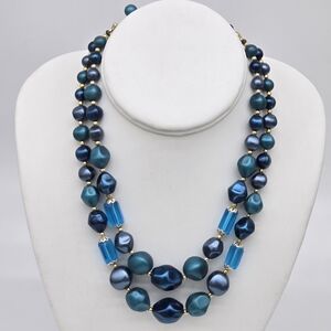 Vintage Double Standed Elegant Blue Beaded Necklace Signed Japan